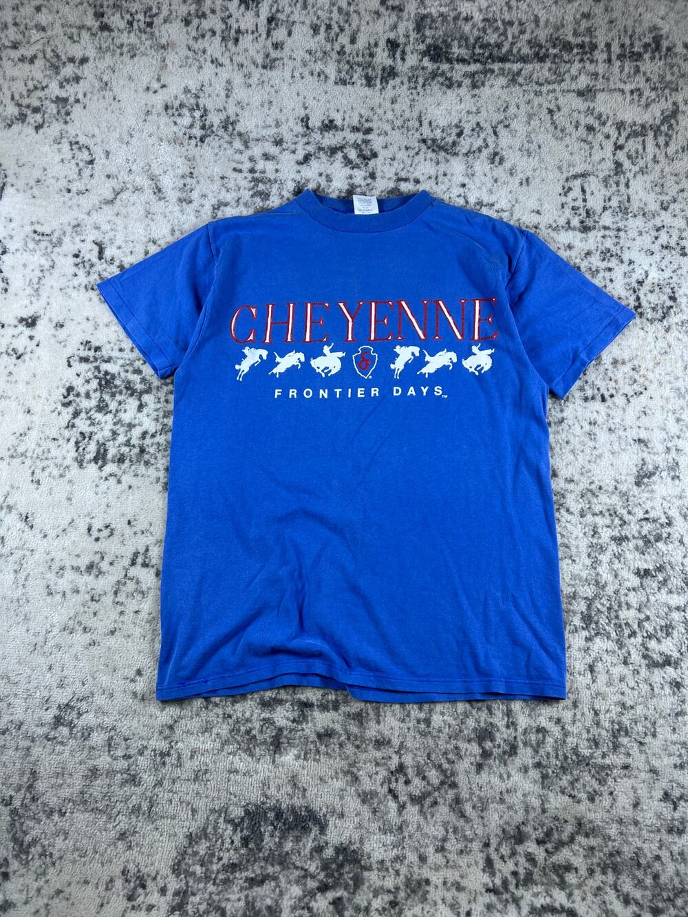 Vintage Cheyenne Frontier Days T-Shirt Adult L Blue Cowboy Rodeo Graphics Print